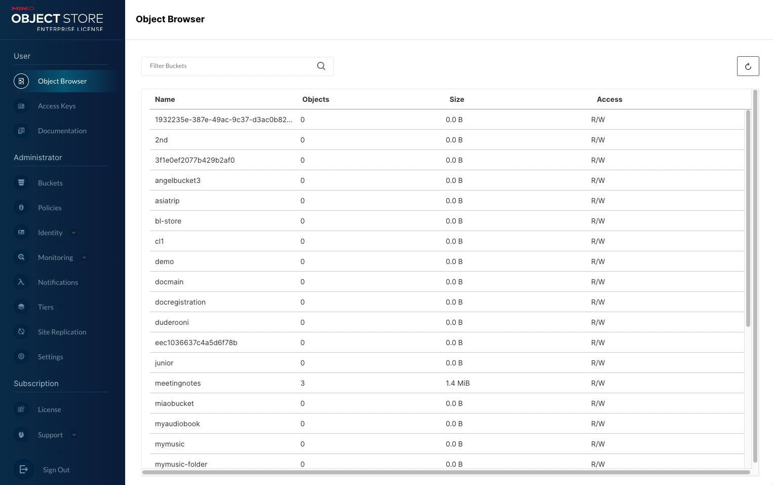 MinIO Console Landing Page provides a view of the Object Browser for the authenticated user